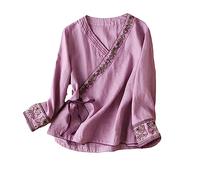 ZMIN Camicetta da donna in stile cinese, primavera/autunno, in cotone e lino, con ricamo, vintage, a maniche lunghe, scollo a V, top orientale Hanfu, Viola, XL