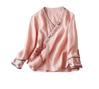 ZMIN Camicetta da donna in stile cinese, primavera/autunno, in cotone e lino, con ricamo, vintage, ampia, scollo a V, top orientale Hanfu, M