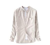 ZMIN Camicie a righe a maniche lunghe da uomo in lino colletto alla coreana camicia in cotone a righe blu chemise maschile, Albicocca, M
