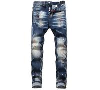 ZMIN Jeans da uomo aderenti a gamba piccola con toppe strappate e pantaloni blu con schizzi di vernice non elastica, Hh-8826, 46
