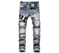 ZMIN Jeans da uomo con toppe invecchiate elasticizzati slim fit leggings da uomo jeans pantaloni, Blu, 46