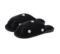 ZNEL Donna Aperte Punta Pantofole Morbide E Pelose Scarpe Da Casa Suola Antiscivolo Morbido Velluto a Coste Infradito Con Fascia Incrociata E Perle(38/39 EU, Black)