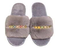 ZNEL Donna Pantofole con Strass Multicolor Pelliccia Sintetica Scarpe da Casa Ciabatte Comode E Piatte da Spa Punta Aperta Antiscivolo Sandali(40/41 EU, Gray)