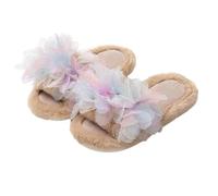 ZNEL Donna Pantofole Soffice Pelliccia Pelosa Fiori in Pizzo E Rete Infradito Punta Aperta Sandali Morbidi E Piatti Antiscivolo Scarpe per Casa(38/39 EU, Brown)