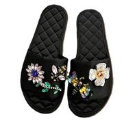 ZNEL Donna Punta Aperta Raso Pantofole Piatte Camera da Letto Interna Scarpe da Casa Antiscivolo Suola Cucita Sandali Infradito da Matrimonio(41/42 EU, Bee Flowers)