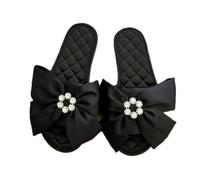 ZNEL Fiocco in Raso Fiori con Strass Pantofole Memory Foam Camera da Letto Punta Aperta Sandali Scarpe per Casa Antiscivolo Suola con Cuciture(35/36 EU, Black)