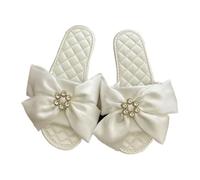 ZNEL Pantofole Basse da Donna Sandali da Sposa in Raso con Punta Aperta, Fiocco E Strass, Colore Puro Cucite a Mano Scarpe da Casa da Doccia(39/40 EU, White)