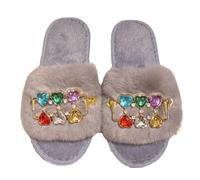 ZNEL Pantofole da Donna Aperte con Fascia Soffice E Pelosa con Strass E Cuori Colorati Scarpe per Casa in Memory Foam con Suola Antiscivolo(40/41 EU, Gray)