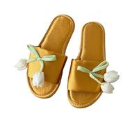 ZNEL Pantofole da Donna Aperte Punta in Raso Accoglienti per Camera da Letto a Forma di Fiori di Tulipano Scarpe da Casa Suola Antiscivolo Sandali Bassi Traspiranti(37/38 EU, Yellow)