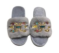 ZNEL Pantofole da Donna Soffice E Pelose Punta Aperta Scarpe da Casa con Strass Multicolor Morbide E Comode Antiscivolo Infradito da Spa(40/41 EU, Gray)
