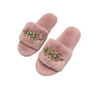 ZNEL Punta Aperta Pantofole da Donna Fiore Inciso con Strass Scarpe da Casa con Fascia Pelosa con Fodera Confortevole, Sandali in Pelliccia Sintetica di Coniglio(37/38 EU, Pink)