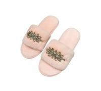 ZNEL Punta Aperta Pantofole da Donna Fiore Inciso con Strass Scarpe da Casa con Fascia Pelosa con Fodera Confortevole, Sandali in Pelliccia Sintetica di Coniglio(37/38 EU, Light Pink)