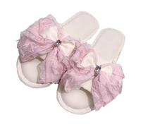 ZNEL Raso di Seta per Tutte Le Stagioni Comfort con Fiocco E Rete Strass Pantofole da Donna Aperte Punta Morbide da Interno Antiscivolo Scarpe da Casa(38/39 EU, White)