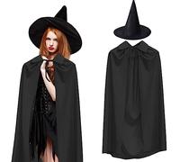 Zngou 2 mantello con cappuccio per Halloween,cappello da strega per adulti,140 cm,nero con cappuccio,cappello da strega di Halloween,cappello da strega e mietitore,cappello da mago a punta,per uomini