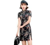 ZNLFS Abito da donna Cheongsam aderente collo alla coreana manica corta slim fit spacco laterale stampa floreale drago mini Qipao, Drago nero., 40