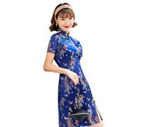 ZNLFS Abito da donna Cheongsam aderente collo alla coreana manica corta slim fit spacco laterale stampa floreale drago mini Qipao, Drago Blu Scuro, 40