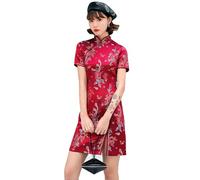 ZNLFS Abito da donna Cheongsam aderente collo alla coreana manica corta slim fit spacco laterale stampa floreale drago mini Qipao, Drago Rosso Vino, 48