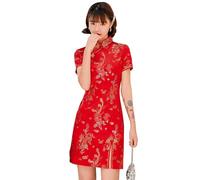 ZNLFS Abito da donna Cheongsam aderente collo alla coreana manica corta slim fit spacco laterale stampa floreale drago mini Qipao, Drago rosso., 40