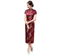 ZNLFS Cheongsam Abito da sera da donna, a maniche corte, slim fit, retrò, lungo, stampato, colletto alla coreana, aderente, Drago Rosso Vino, 40