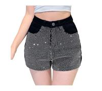 ZNTIHZ Pantaloncini in Denim Flash Diamond da Donna in Estate, Pantaloni Strada Elasticizzati a Vita Alta con Stampa Tubolare Dritta per Il Tempo Libero E Le Vacanze(XL)