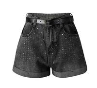 ZNTIHZ Pantaloncini in Denim Neri a Vita Alta da Donna con Decorazioni e Cintura, Orlo risvoltato, Jeans Estivi Casual Scintillanti per Il Tempo Libero E Le Vacanze(L)