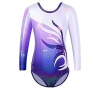ZNYUNE B272 - Body da ginnastica da ragazza, a maniche lunghe, senza maniche, colorato, scintillante, body da danza sportiva per bambini dai 3 ai 12 anni, colore bianco blu, 6 A