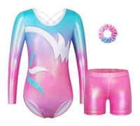ZNYUNE Body da ginnastica classico per bambini, body da ginnastica lucido, maglia senza maniche/maniche lunghe per ragazze, KHB399-BlauPink, 9-10 Jahre