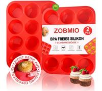 ZOBMIO 2 Pezzi 29.2 x 22 x 3cm Teglia Muffin Antiaderente con 12 Stampo Muffin, Riutilizzabile Stampo Muffin Silicone, Stampi Muffin Silicone Adatto per Cupcakes, Budini, Mini Muffins(Rosso)