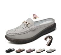 Zoccoli da donna in pelle con punta chiusa, mocassini da donna traspiranti, mocassini in pelle mezza pantofola mocassini da donna senza schienale, Grigio, 0 UK Wide
