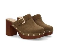 Zoccolo a tacco largo con piattaforma, design svedese da donna. Stile artigianale, suola in legno sintetico, punta chiusa borchie metalliche e fibbia decorativa, primavera, Verde, 37 EU