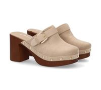 Zoccolo a tacco largo con piattaforma, design svedese da donna. Stile artigianale, suola in legno sintetico, punta chiusa borchie metalliche e fibbia decorativa, primavera, Kaki, 37 EU