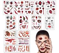 ZOCONE 15 Fogli Halloween Tatuaggi Temporanei Viso, Zombie Scab Sangue Cicatrici Finte Ferite Finte Tatuaggi di Halloween Adesivi Impermeabili per Donne Uomo Adulti Bambini per Trucco Halloween Festa