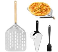 ZOCONE Pala per pizza perforata in alluminio da 30,5 cm, con manico in legno, pratico set di strumenti per forno per pizza con tagliapizza in acciaio e spazzola per olio, per cuocere torte di pane