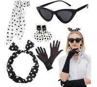 ZocRjvN Costume da donna anni '60, accessori rockabilly da donna, set vintage da 5 pezzi con sciarpa, guanti, occhiali, cerchietto e orecchini, ideale per feste a tema anni '50
