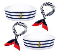 ZocRjvN Set di 4 cappelli da marinaio, per uomo e donna, costume da marinaio per bambini, cappello blu con strisce bianche, 2 cappelli e 2 panni