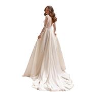 ZODICK Abiti da Sposa in Chiffon Semplice Scollo A V Maniche Lunghe Abiti da Sposa Bianchi Semplici Bottoni Alti Tulle Senza Schienale Abiti da Sposa A-Line