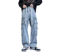 ZODICK Jeans Cargo da Uomo Pantaloni A Gamba Larga Tasche Multiple Pantaloni di Jeans Larghi Pantaloni Hip-Hop Streetwear Casual con Coulisse Dritti,Blu,S