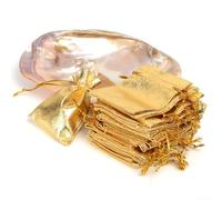Zoegneer 50 sacchetti in organza per gioielli, cosmetici, sapone fatto a mano, orecchini, fiori secchi, caramelle, anelli (9 x 12 cm, oro)