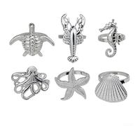 Zoegneer 6 PZ Portatovaglioli Tema Oceano Portatovagliolo Anello Titolari Decorazione da Tavolo Stella Marina Shell Aragosta Tartaruga Marina Polpo Per Pranzo Banchetto Famiglia Gathering (Argento)