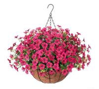 Zoegneer Cestino da appendere con catena in metallo da 25,4 cm, con fiori viola in seta artificiale e fodera in palma di cocco, per casa, ufficio, decorazione per matrimoni, estetica naturale