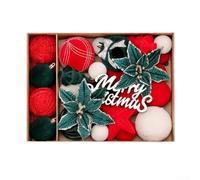 Zoegneer Set di 38 ornamenti in plastica floccata per albero di Natale, fiori e palline di Natale floccati, tra cui ciondoli, palline e fiori per scopi decorativi per le vacanze (rosso, verde, bianco)