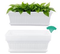 ZOENHOU Confezione da 6 fioriere rettangolari in plastica bianca, con vassoi e 30 etichette verdi, per davanzale, patio, giardino, decorazione della casa, portico