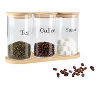 ZoeQide Barattoli Sale Zucchero Caffè 3 Pezzi in Vetro con Coperchi Bambù | Per caffè, tè, zucchero, snack e altri ingredienti secchi, da disporre insieme nella zona caffè, su mensola o in dispensa