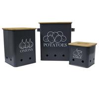 ZoeQide Porta Patate Cipolle Aglio Set Di 3 Contenitori Cucina,Contenitori Per Patate e Cipolle e Aglio Con Coperchio e Prese d'Aria,Frutta e Verdura In Metallo Per La Cucina Contenitore (Nero)