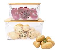 ZoeQide Set di 2 Contenitori Patate e Cipolle in Acrilico Trasparente, Porta Patate Cipolle Impilabile con Coperchio in Legno di Bambù, per Patate, Frutta e Verdura in Cucina