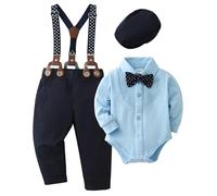 Zoerea Bimbo Neonato Completini Gentiluomo Battesimo Abbigliamento Set Pagliaccetto con Fiocco + Bretelle Pantaloni + Berretti Blu,6-12 mesi