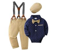 Zoerea Bimbo Neonato Completini Gentiluomo Battesimo Abbigliamento Set Pagliaccetto con Fiocco + Bretelle Pantaloni + Berretti Blu scuro,0-3 mesi