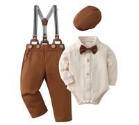 Zoerea Bimbo Neonato Completini Gentiluomo Battesimo Abbigliamento Set Pagliaccetto con Fiocco + Bretelle Pantaloni + Berretti Beige,3-6 mesi