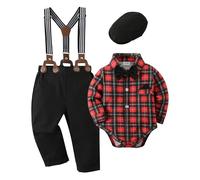 Zoerea Bimbo Neonato Completini Gentiluomo Battesimo Abbigliamento Set Pagliaccetto con Fiocco + Bretelle Pantaloni + Berretti Rosso,12-18 mesi