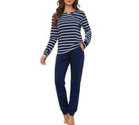 Zoerea Pigiama Donna Cotone Lungo Pigiami Due Pezzi Invernale Scollo a V a Quadri da Donna con Tasche Laterali Comodo Casual per la Casa Blu, M